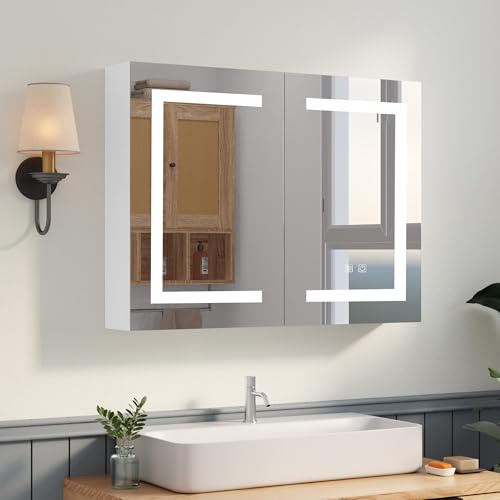 600 × 800mm LED Bathroom Mirror Cabinet with shaver socket, Wall Mounted Dimmable Illuminated Bathroom Mirror Cabinet with USBs & Demister & 3 Colour Light & Defogging & Touch Sensor & IP44 & Storage