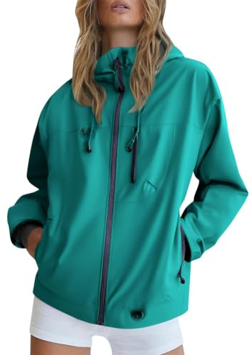 Waterproof Jacket Womens Lightweight Full Zip Up Hooded Raincoats with Pockets Spring Fall Winter Coat for Walking Cycling Hiking Running Ladies Soft Shell Jackets Solid Plus Size Windbreaker Coats
