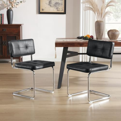 Zesthouse Cantilever Dining Chairs Set of 2, Faux Leather Chrome Leg, Black