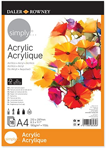 Daler Rowney Simply Linen Texture Bloc de papier acrylique 190 g/m² A4 collé 1 côté 16 feuilles blanches Idéal pour les artistes débutants et les amateurs