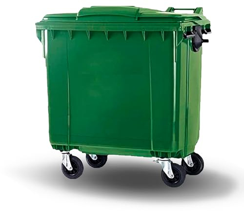 SSI Contenedor de Basura 1100L con Tapa Plana - Ruedas con Freno, Desagüe Inferior, Cumple Normativa EN-840, Ideal para Grandes Volúmenes de Residuos y Reciclaje en Exteriores (Verde, 1100 litros)