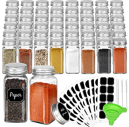 CycleMore 48 Pack 4oz Glass Spice Jars Bottles, Square Spice Containers with Silver Metal Caps and Pour/Sift Shaker Lid-80pcs Black Labels,1pcs Silicone Collapsible Funnel and 2pcs Brush Included