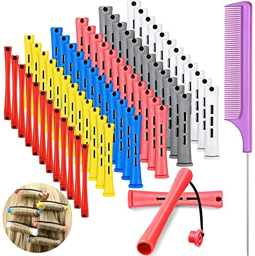 WILLBOND 72 Pieces Hair Perm Rods Set, Short Plastic Perming Rods Cold Wave Rods 6 Sizes Hair Curling Rollers with 1 Piece Steel Pintail Hair Comb for Hairdressing Hair Styling