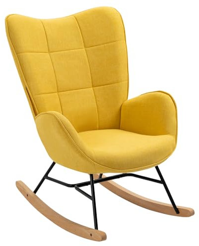 MEUBLE COSY Schaukelstühle Schaukelsessel Schwingstuhl Sessel mit Armlehnen und gepolsterter Sitzfläche für Wohnzimmer Schlafzimmer, Balkon, Metallgestell und Holzkufen, Stoff, Gelb