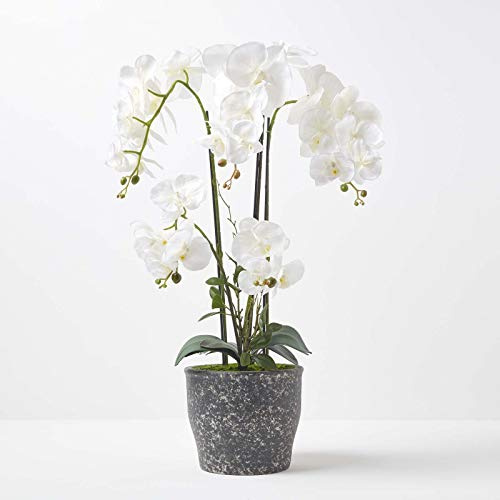 HOMESCAPES Stor vit konstgjord orkidé i mörk keramikkruka, dekorativa konstgjorda blommor 82 cm