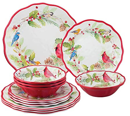 UPware 12 Piece Winter Birds Melamine Dinnerware Sets, Outdoor Dishes Set, Plates and Bowls Sets, Christmas Decorations, Service for 4, Red
