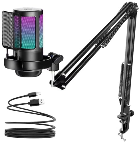 KingSom Gaming USB Microphone,Noise Cancellation Condenser Mic with Boom Arm,Podcast Microphones RGB Computer Mic,Streaming Microphone with Pop Filter, Mute Button,Gain for Recording,Discord,YouTube