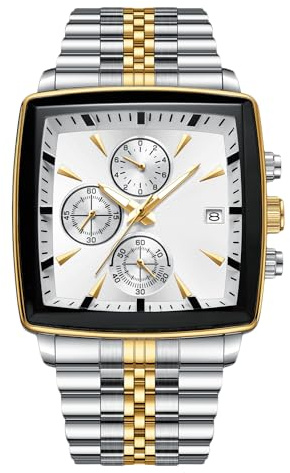 RORIOS Herren Quadratische Uhren Analog Quarz Armbanduhr Multifunktional Business Uhr Einfach Leuchtend Herrenuhr mit Edelstahl Armband Weiß A