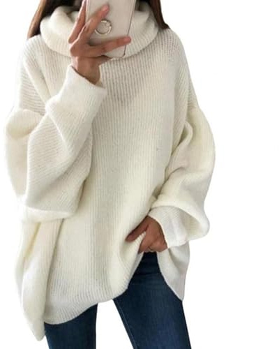 BIUBIULOVE Suéter De Punto Suelto con Cuello Alto De Color Liso para Mujer, Jersey De Cuello Alto De Manga Larga con Murciélago Oversize (M,Blanco)