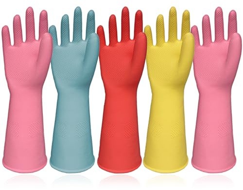 Orerered Cleaning Gloves Dishwashing Gloves - 5 Pairs Kitchen Dish Gloves Colorful Rubber Reusable for Household Washing Dishes Cleaning Gardening, Non-Slip for Women Men Small