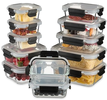 Relaxdays Glasbehälter mit Deckel, 12er Set, 5 Größen, Frischhaltedose, Kunststoffdeckel, luftdicht, transparent/schwarz