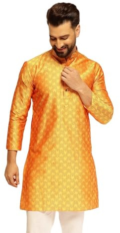 Sojanya (Since 1958 Men'S Jacquard Silk Contrast Red Thread Woven Design Yellow Long Kurta