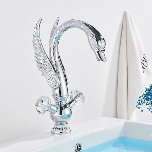 Grifo de baño con Forma de Cisne, de latón Macizo, para Lavabo de tocador, Moderno, con Doble manija, para Montaje en encimera, Agua fría y Caliente (Dorado) (Cromado)