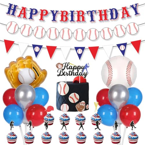 Fuwraixis Baseball décoration de fêtes,Set de Décoration de gâteaux thème sportif,Comprend bannière, Insert à gâteau et ballons,Déco de fête d'anniversaire d'enfants