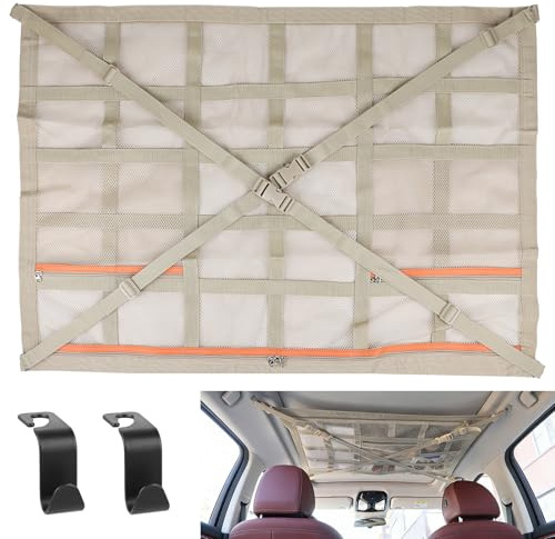 DBREAKS Bagagenät bil takväska, 90 × 65 cm universal dubbellagrig biltak förvaring med dragkedja, taknät bil inomhus, bilnät spännnät för fyra takarmstöd, SUV, skåpbil (beige)