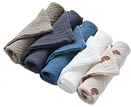 Lot de 5 gants de toilette en mousseline pour bébé - Pour les mains et le visage - Serviettes carrées - Pour bébé - Pour manger