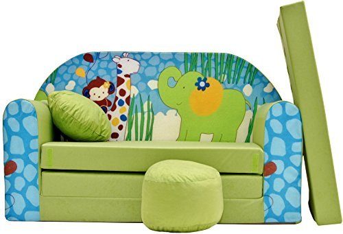 Pro Cosmo Divano letto pieghevole per bambini con funzione letto Perfetto per giocare e dormire - Con materasso, cuscino e pouf sfoderabili - 98x168x59 cm (Z16) Verde - Animali della giungla