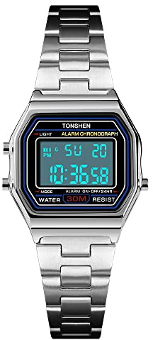 Tonshen dammode digital klocka för flickor elektronisk multifunktion LED-bakgrundsbelysning larm stoppur rostfritt stål utomhus sportklocka avslappnad stil Armband SILVER