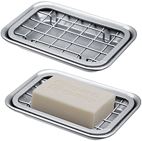 Kitchen and Bathroom Soap Dish Tray - Metal 2-Piece Soap Dish Tray with Drainage Grid and Holder for Kitchen Sink Countertops to Store Soap, Sponges, Scrubbers - Rust Resistant (2 Pack, Silver)