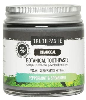 TRUTHPASTE Charcoal whitening natural zero waste toothpaste (Peppermint & Spearmint 100ml) Eco friendly & plastic free with Coconut & Aloe Vera. Fluoride Free, SLS free. Suitable for sensitive teeth