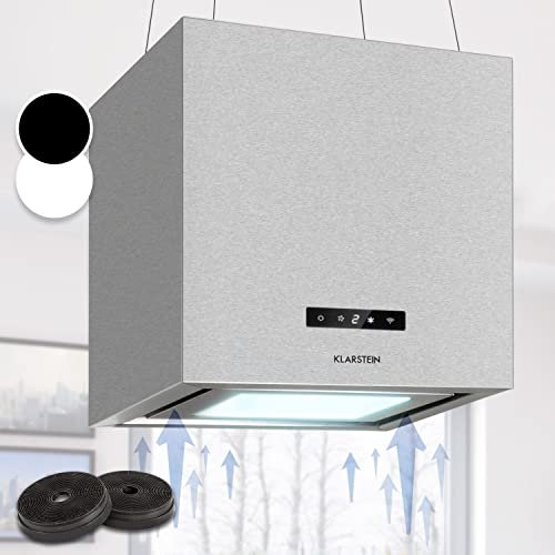 Klarstein Hotte Aspirante Ilot Central de Cuisine Silencieuse et Design, Débit d'air 595m³/h, Minuteur, 3 Modes, Contrôle via Application Mobile, Hotte Aspirante Suspendue Sans Evacuation et Charbon