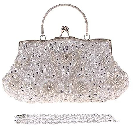 Clutch-Tasche im Vintage-Stil, florales Design, mit Perlen, glitzernd, für Abschlussball, Hochzeit, Abendtasche, Brauttasche für Frauen, Party-Handtasche, Silbera