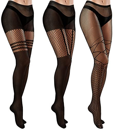 SATINIOR 3 Paia Collant a Rete da Donna Calze a Rete Vita Alta Collant Fantasia Coprente Calzamaglia a Rete, Nero (Stile Classico)