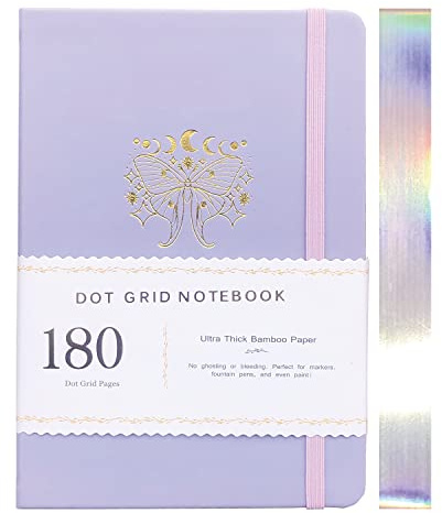 BUKE Dotted Notebook Journal 180GSM Bamboo Thick White Paper 160 Pages 5 * 5MM Dot Grid, Lay Flat Binding,Colored Silver Edges, Bookmarks and Expandable Back Pocket (BKP-5)