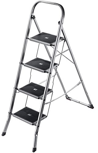 KADAX Klappleiter aus Stahl, 4-stufige Trittleiter mit rutschfesten Stufen, Traglast bis 150 kg, klappbar mit Handlauf