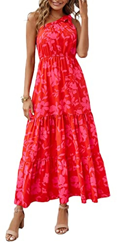 PRETTYGARDEN Women's One Shoulder Boho Floral Maxi Dress, Red Floral,M