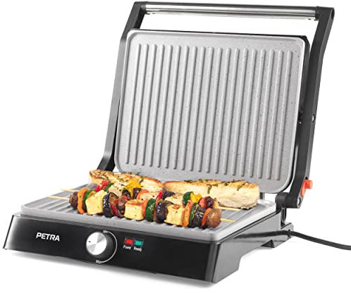 Petra PT4076VDEEU10 Griglia elettrica - Multifunzione presse per panini sandwich, doppia XL 180°, antiaderente, 2 superfici di cottura per verdure, carne e spiedini, non necessita di olio, 2200 W