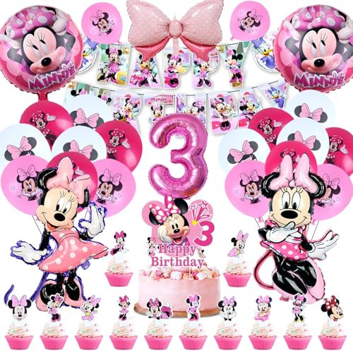 50 Pcs Minnie Geburtstagsdeko mädchen, luftballons minnie 3 jahre, Minnie Latexballon, helium ballon minnie 3 jahre, Minnie Tortendeko, Banner Happy Birthday, Minnie Party Supplies Set