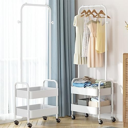 HYGRAD Metal Clothes Rack On Wheels Portable Clothes Rail For Hanging Clothes With Shoe Storage Shelfs Portable Clothes Rack Caddy For Bedroom Wardrobe In Pink White Or Black (White)