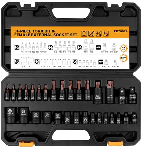 31-Piece Torx Bit Socket Set: Premium CR-V & S2 Alloy Steel, Star T8-T70 & E-Torx E4-E24, High Torque Laser Marked for Automotive Mechanic