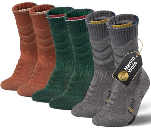Merino Wool Hiking Walking Socks for Men & Women, Thick Anti-Blister Cushioned Compression Design, Suits for Sports, Running, Outdoor, Work, 3 Pairs Unisex