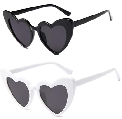 LLGSDLL Lunettes soleil fête en forme de cœur, lot 2 lunettes soleil en forme cœur avec protection solaire UV400,protection UV,tendance pour femmes, hommes, enfants, fête, voyage(blanc et noir)