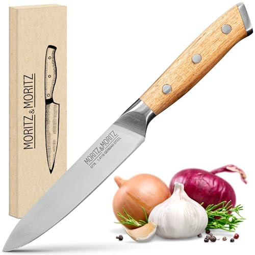 Moritz & Moritz Coltello da Chef Professionale 13 cm - Coltello da Cucina Multiuso per Frutta, Verdura, Carne e Altro - Manico Ergonomico in Legno d'Acacia - Acciaio Tedesco per Coltelli
