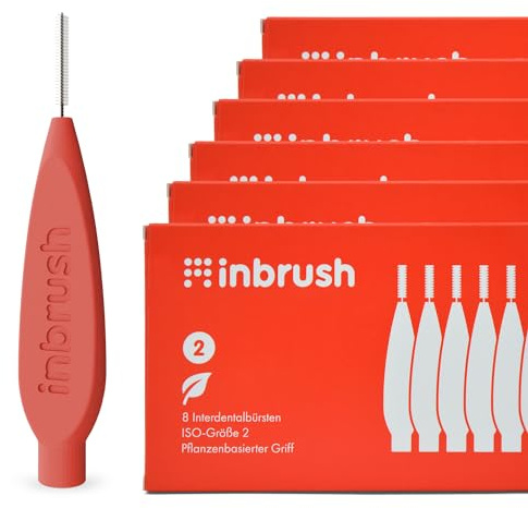 inbrush Interdentalbürsten Sparpack | 48 Stück, ISO-Größe 2 (Rot) für mittlere Zahnzwischenräume | Plastikfreier Griff und Verpackung | Mit praktischem Aufsteller