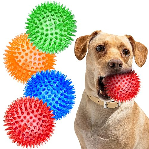 SHARLOVY Balles couineuses de 7,6 cm pour Petits Chiens, 4 Couleurs, balles à Picots pour Chiot, Jouets à mâcher durables pour la Dentition, Jouets indestructibles à rapporter et à entraîner, sans