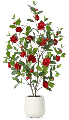 Fopamtri Künstlicher Kamelienbaum 120 cm Fake Plastik Kunstpflanze im Weiß Blumentopf, Kamelienpflanze mit 30 Blüten für Haus Wohnzimmer Büro Balkon Garten Decor（Rot）