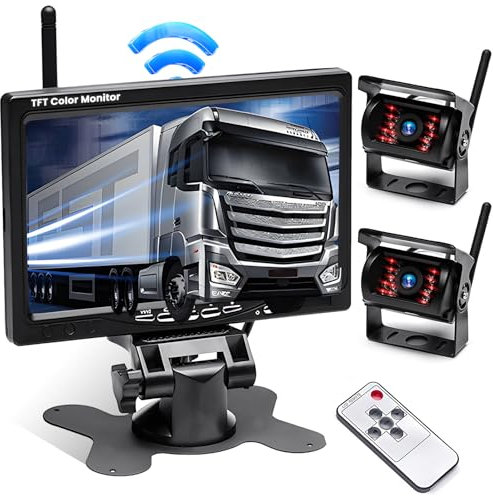 Ohradio Telecamera Retromarcia Wireless con Monitor da 7 Pollici Kit con 2 Posteriore Telecamera Wireless AHD Visione Notturna IP67 Impermeabile per Camion RV Camper DC 12-36V