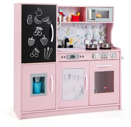 COSTWAY Kids Wooden Kitchen, Pretend Play Kitchen with Chalkboard, Sink, Microwave, Ice Maker, Utensils, Children Cooking Role Playset for 3-6 Years Old Boys Girls (Light Pink)