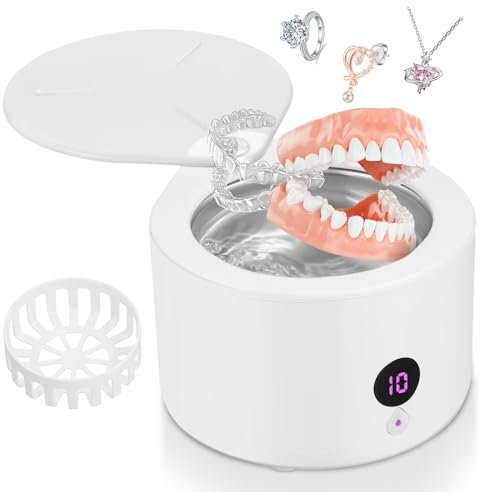 Ultraschallreinigungsgerät für Zahnersatz 200ml, Schmuckreiniger, 45KHZ Ultraschallreiniger, 4 Reinigungsmodi, 360° Effiziente Reinigung Ultrasonic Retainer Cleaner für Zahnprothesen Schmuck(White)