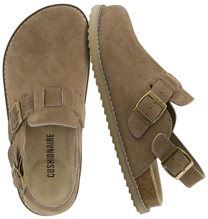 CUSHIONAIRE Brooklyn Women's Suede Clogs - Adjustable Slingback Clog Sandal with Buckle, Memory Foam, Wide Widths, Taupe Suede, 4.5 UK