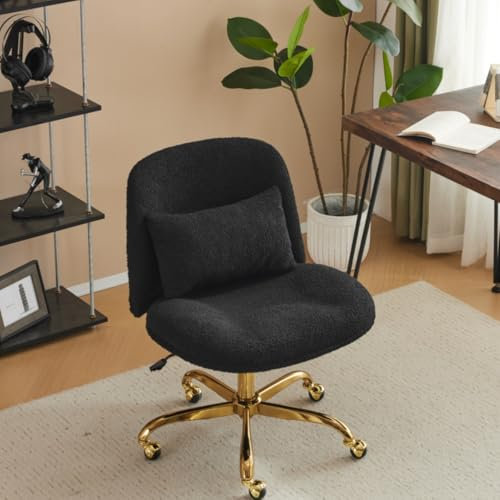 Bonnlo Bürostuhl ohne Armlehne, Schneidersitz Stuhl, Schminktisch Stuhl mit Lendenkissen, Drehstuhl mit Rollen, Höhenverstellbar Breiter Schreibtischstuhl, Homeoffice, Teddy-Stoff (Schwarz)
