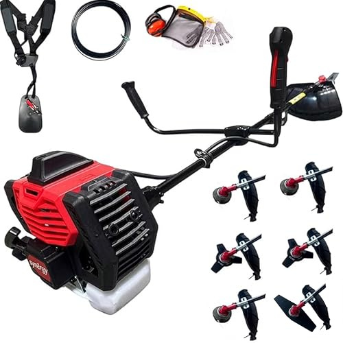 Synergy Desbrozadora Gasolina 65cc 4,9CV 6 en 1 – Motor 2 Tiempos – Discos 3 Puntas, Disco Dos Punta, Cabezales automáticos, Arnés y 10m Hilo