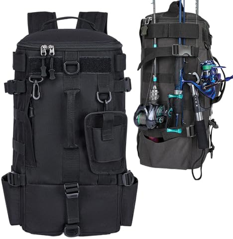 Hitburu Sac À Dos De Pêche Avec Porte-Canne - Sac De Randonnée Avec Porte-Canne Intégré Et Compartiments - Sacoche Étanche Rangement Appâts Pour Kayak Randonnée Moto Chasse Expéditions