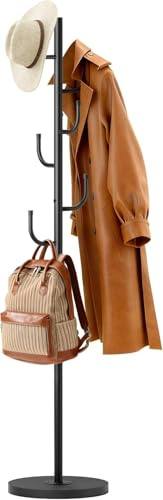 MISSLO Heavy Duty Coat Rack Stand for Hallway Freestanding 4 Adjustable Size Clothes Stand with Stable Wood Base Hat Stand with 6 Hooks Standing Coat Jacket Hanger Hall Tree for Bedroom, Black