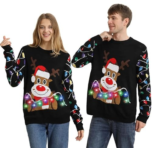 Maglione Natalizio Donna con Luci, Maglione Natale Led Divertente, Maglioni Natalizi Famiglia Coppia Luminoso Maglioncini di Natale Brutti, Ugly Christmas Sweater per Adulti/Uomo/Donna/Famiglia