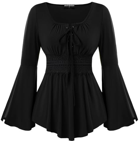 Scarlet DARKNESS Renässansblus för kvinnor spetsdesign med smockade A-linjeformade uppklädda toppar, Svart, S